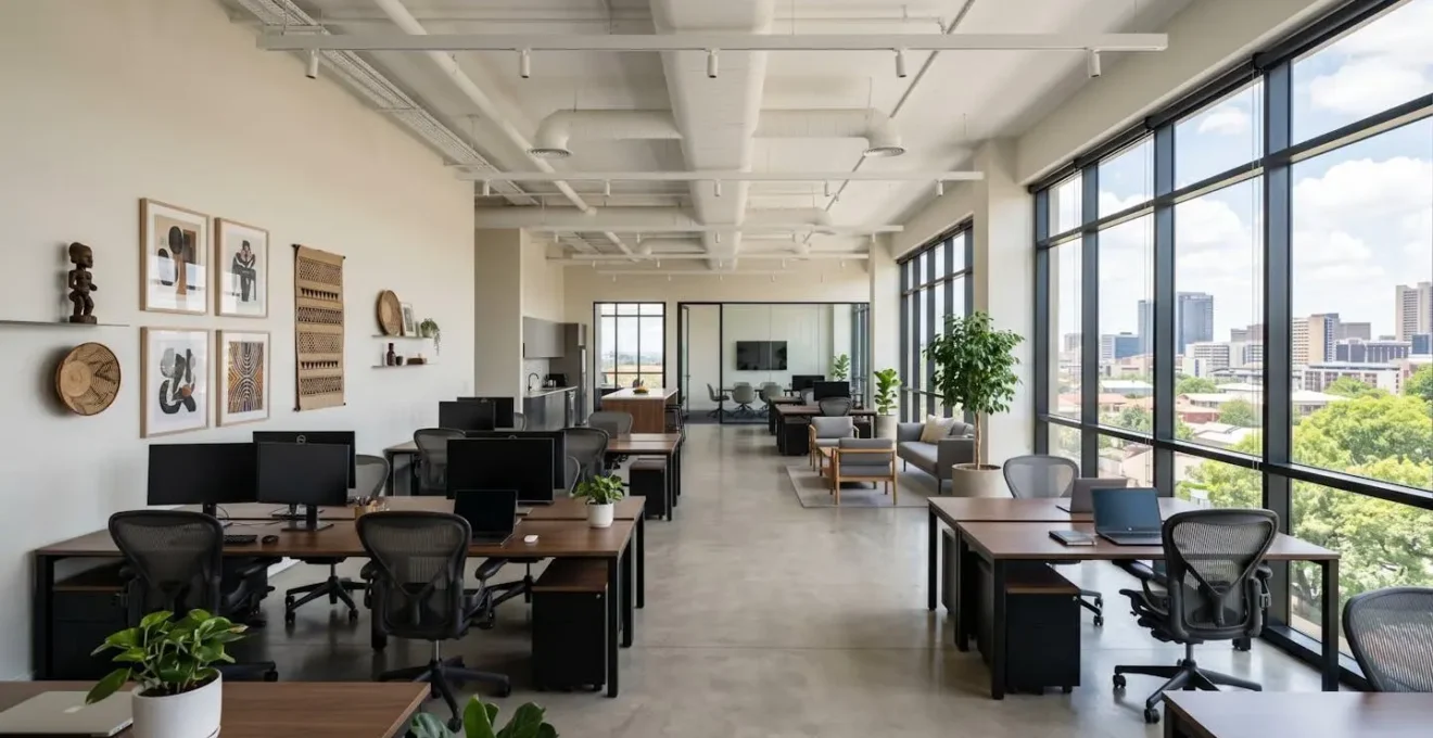 A bright, contemporary office space with floor-to-ceiling windows, clean minimalist furniture, and subtle African textile artwork on the walls, photographed in wide angle with abundant natural daylight