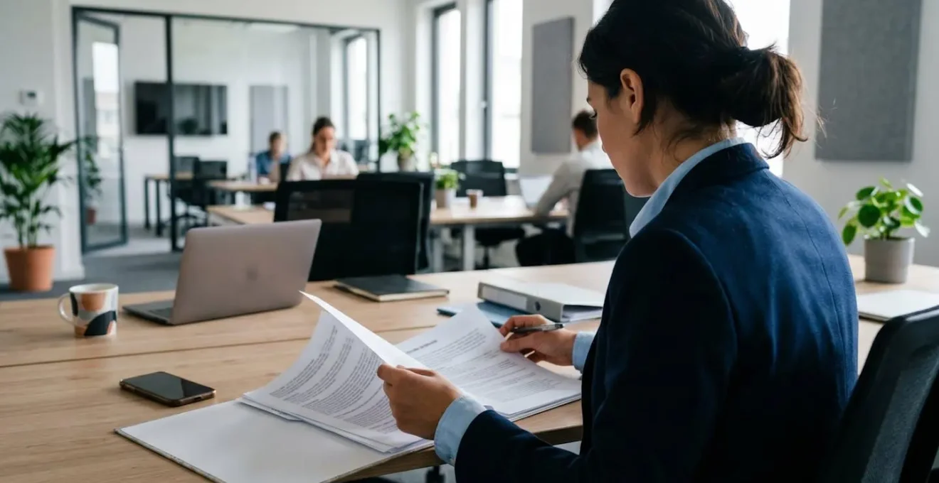 An HR professional in business attire sits at a clean desk reviewing legal employment documents, photographed from an over-the-shoulder angle showing papers and laptop screen completely blurred, focused work moment captured in natural office lighting