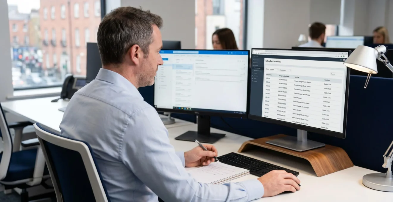 Recruitment consultant analyzing salary benchmarking data on computer monitors in Dublin office, reviewing compensation ranges and market positioning information unavailable on public job boards