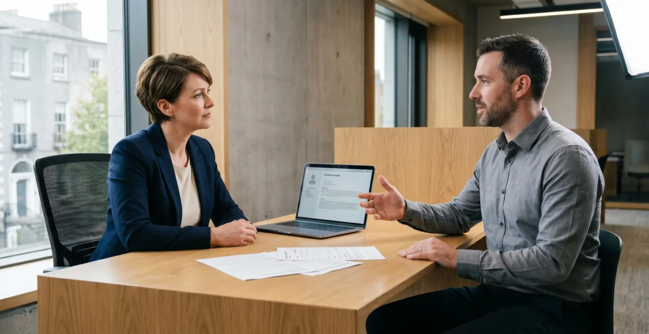 Recruitment consultant and candidate engaged in professional consultation meeting in contemporary Dublin office, discussing career strategy across desk with laptop and documents