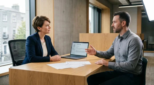 Recruitment consultant and candidate engaged in professional consultation meeting in contemporary Dublin office, discussing career strategy across desk with laptop and documents