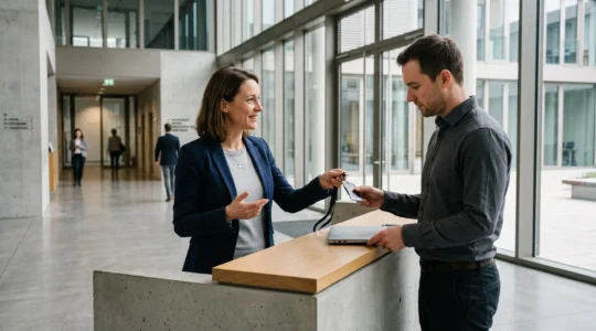 HR specialist handing a company access badge to a new employee in the lobby of a Swiss office building
